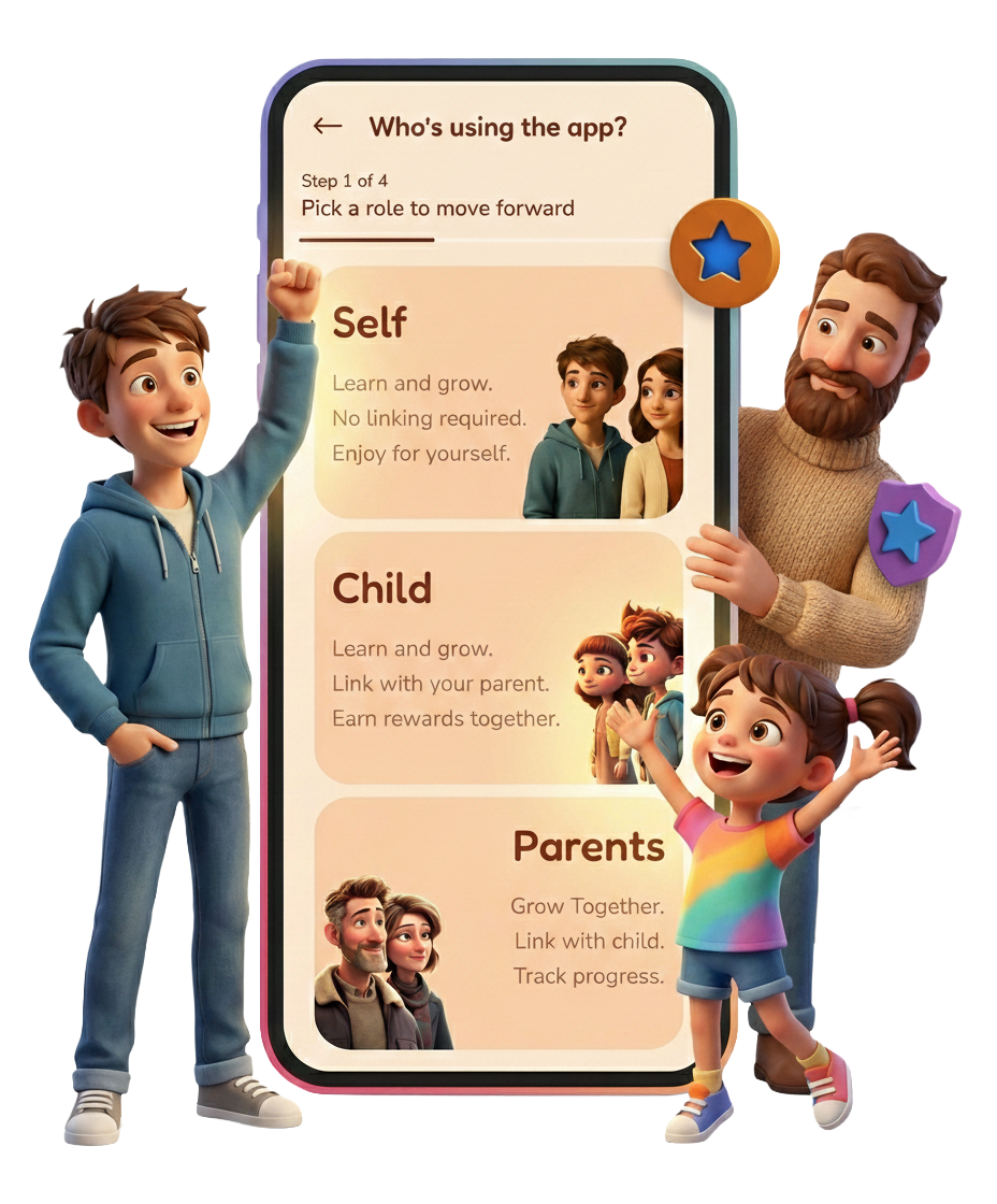 SuperMeApp role selection for self, child and parent